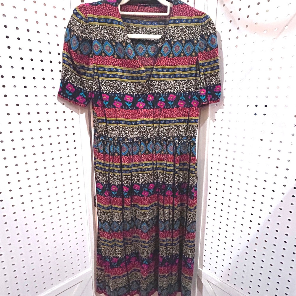 Lady Carol Petites Midi Dress Women PM Black Multi Excellent Boho Vintage V-Neck